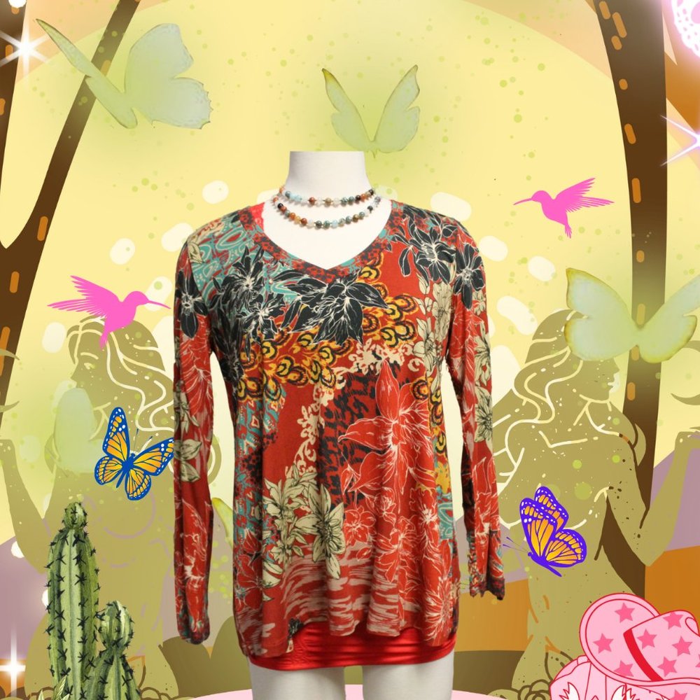 Johnny Was womens Ikat Patch Favorite L/S V-neck Swing Tee